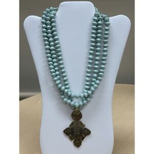 African Paper Bead Necklace Multi Strand Ethiopian Cross Boho Statement Aqua